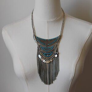 Silver Tone Turquoise Boho Bib Style Necklace